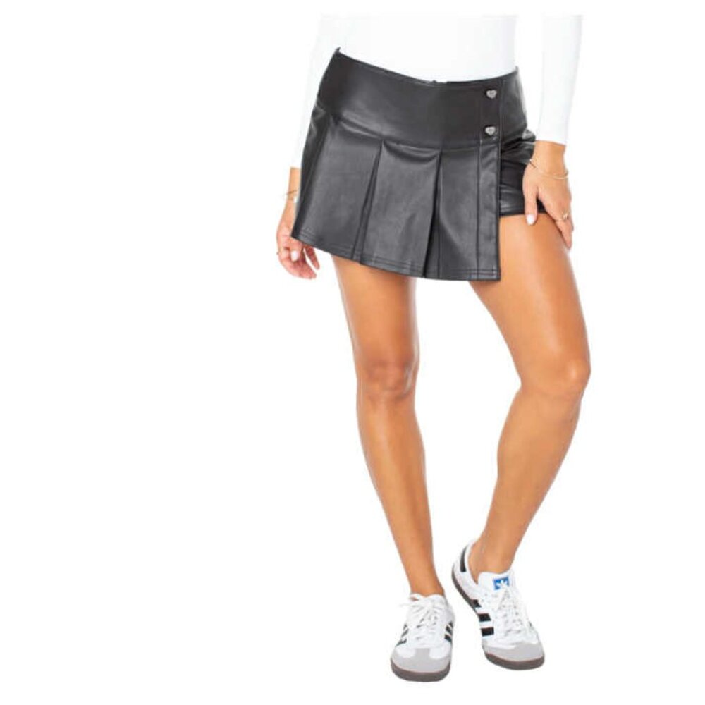 Celebrity Pink Women's Black Faux Leather Pleated Skort NEW